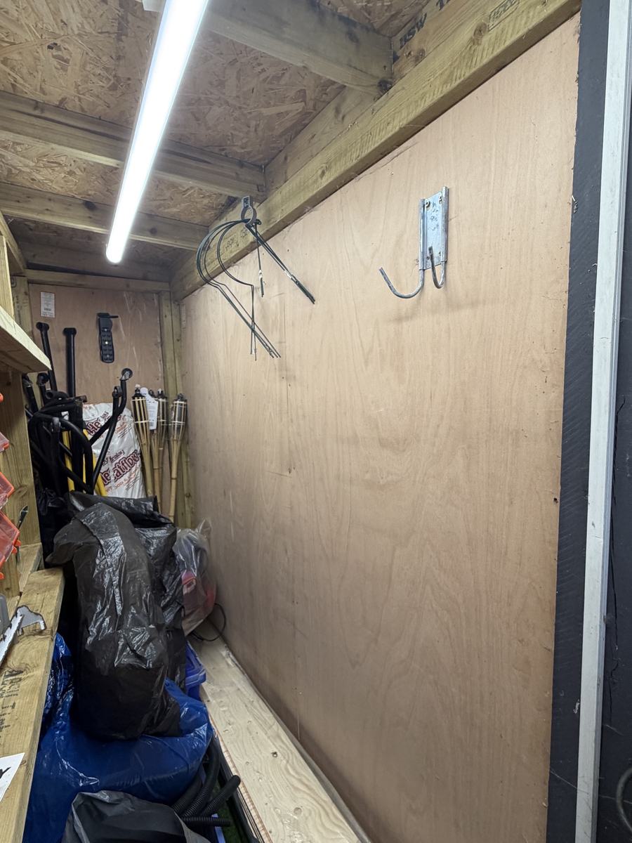 Shed before: bare plywood wall with one hook