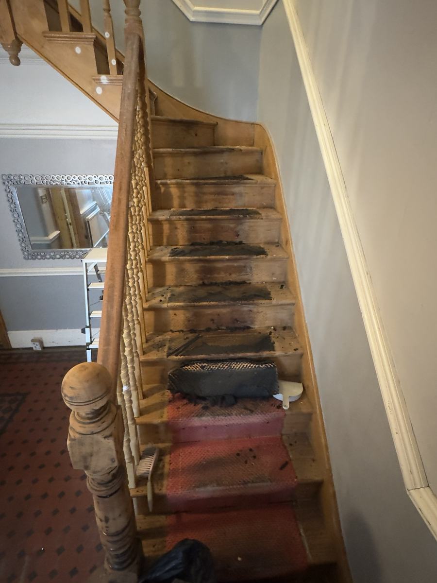 Same staircase before: bare stained treads with old carpet adhesive
